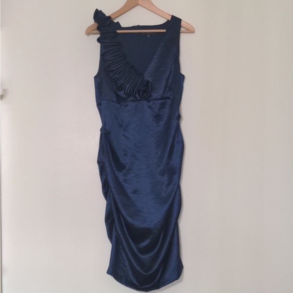 Betsy & Adam navy taffeta oversized ruffle midi bodycon dress - Picture 1 of 4